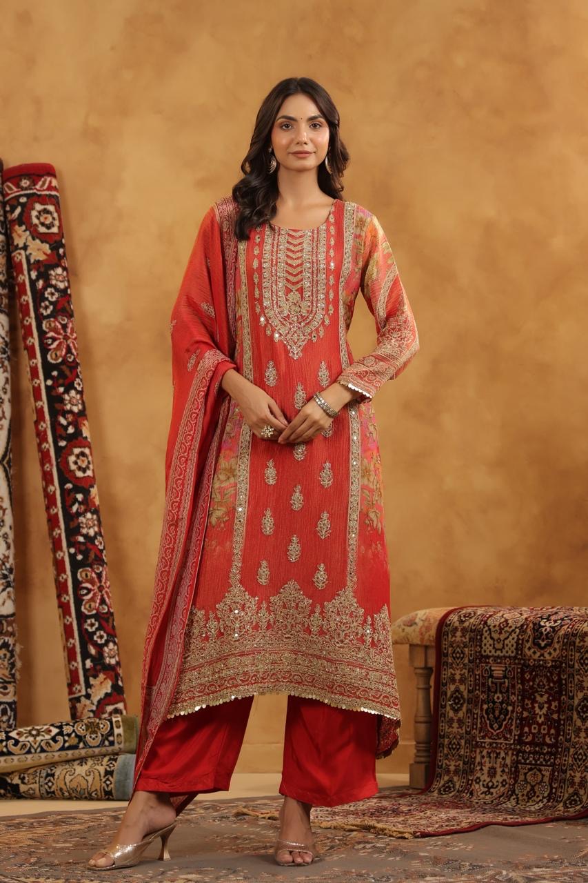Shimmer tissue red and gold high low suit