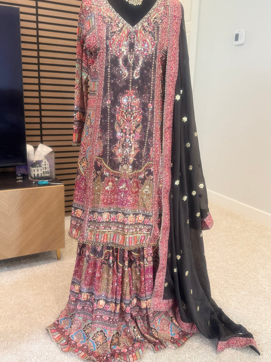 Get brown garara set in digital and heavy work