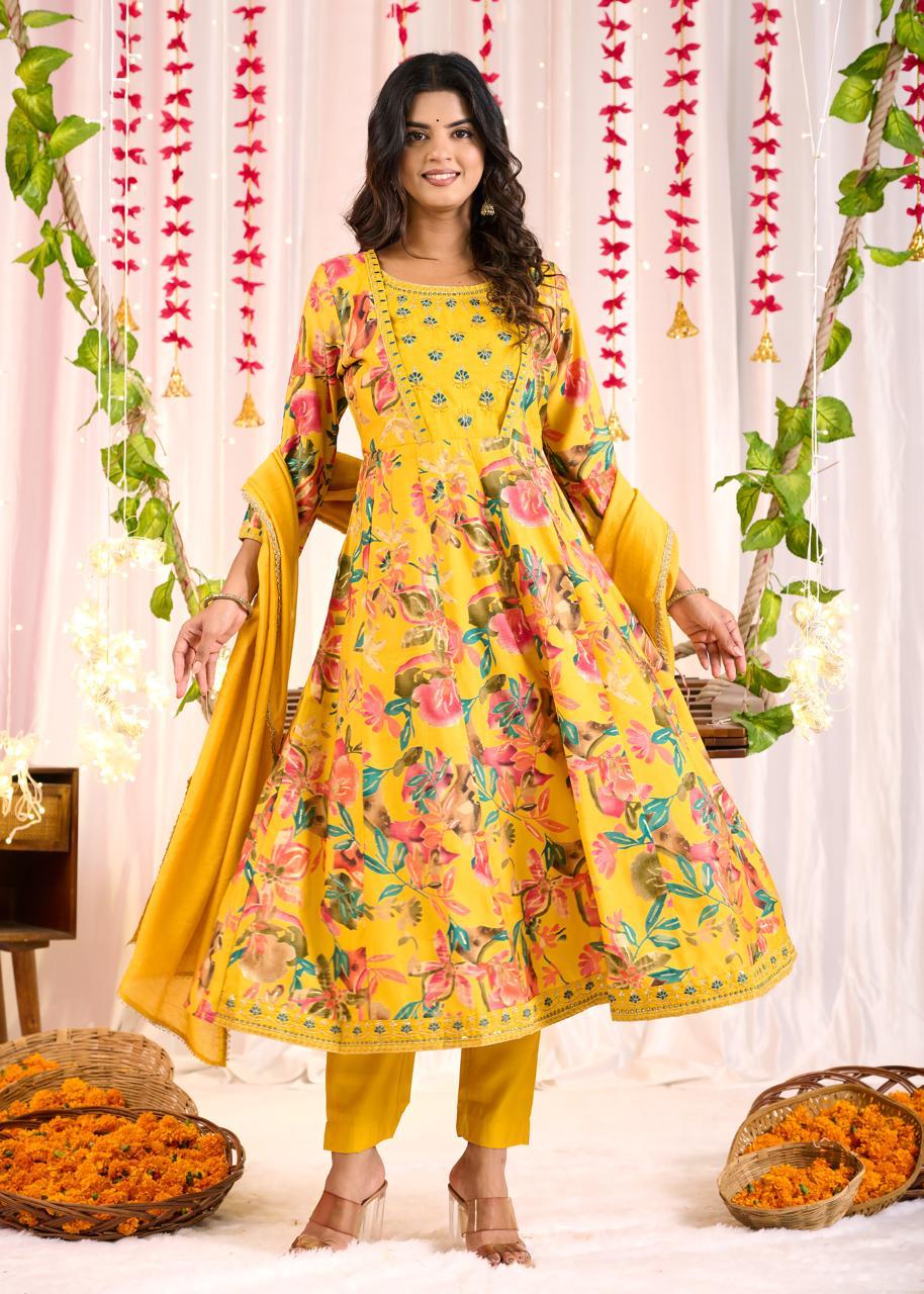 yellow muslin printed anarkali suit