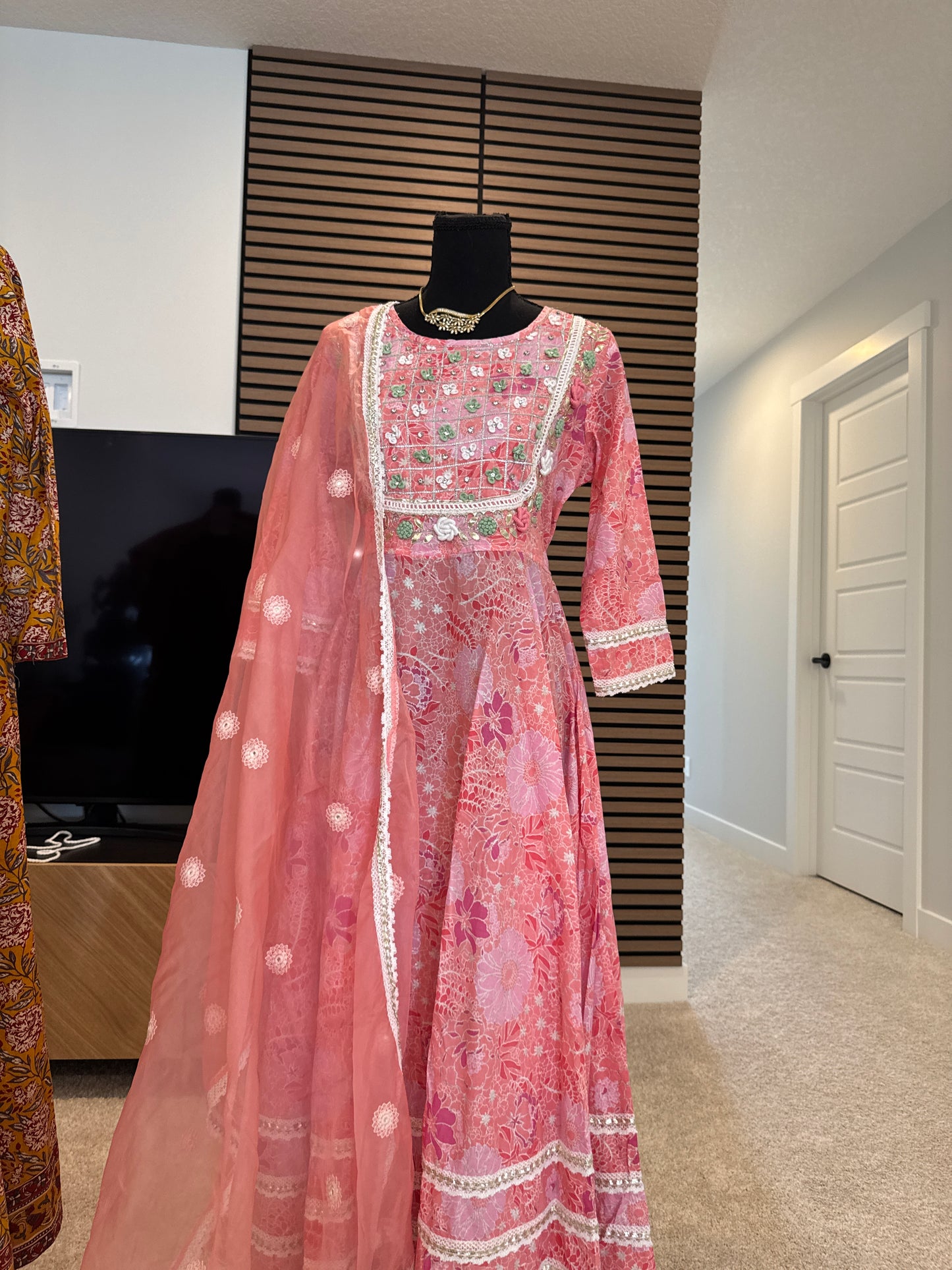 Pink khadi print anarkali suit in cotton