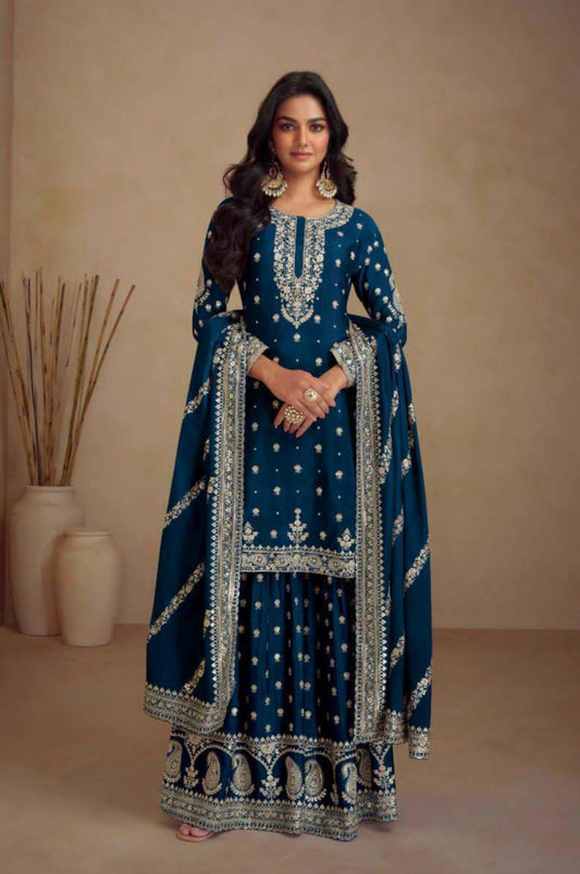 Blue chinon sharara set with thread and gold work all over