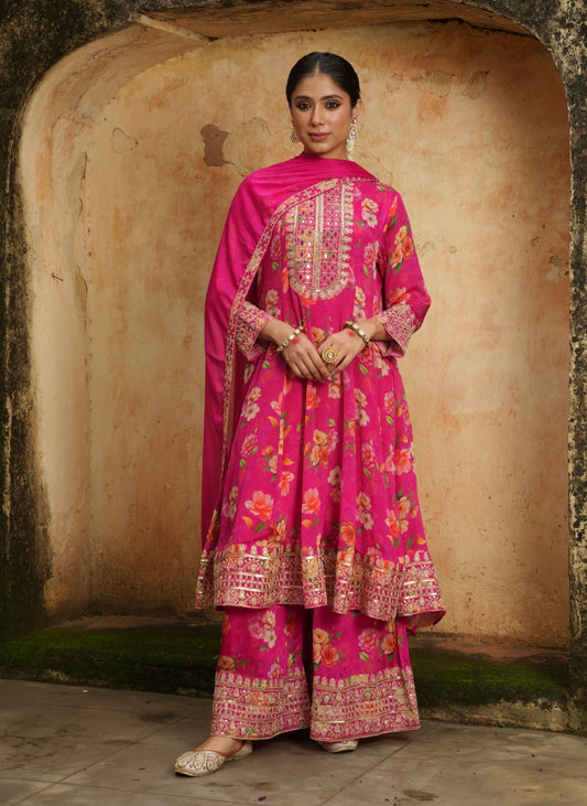 Chinon printed with gold embroidery sharara set