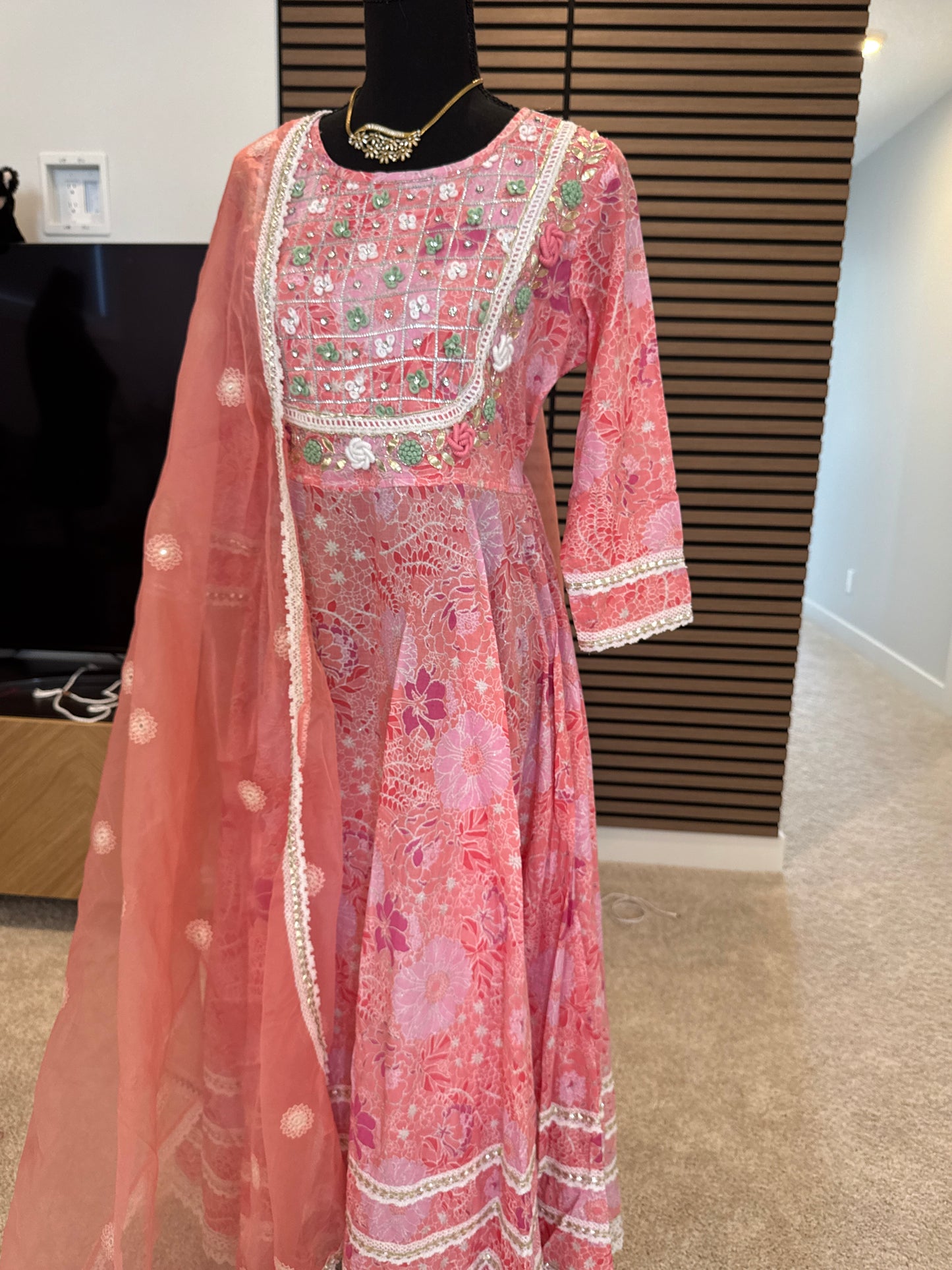 Pink khadi print anarkali suit in cotton