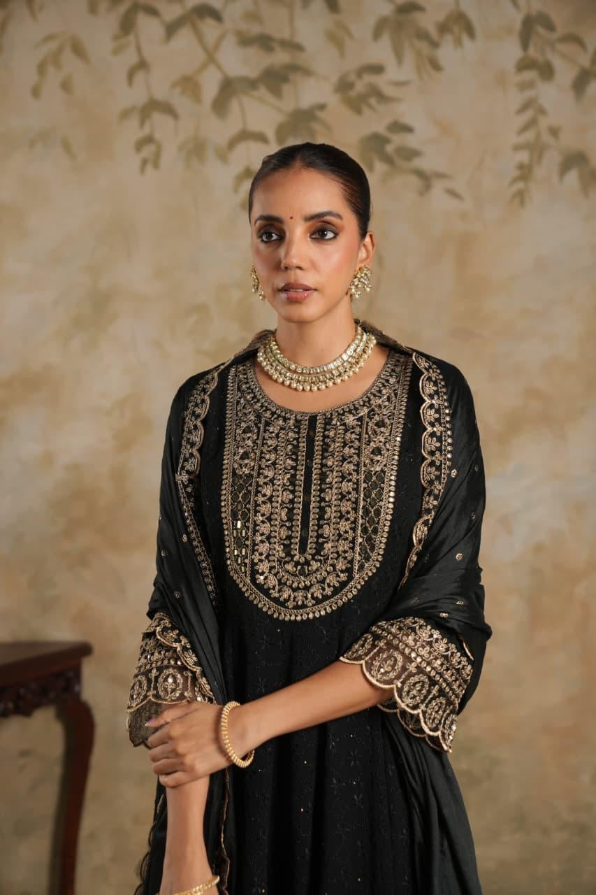 Black chicken georget anarkali with gold thread work