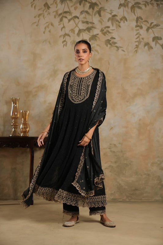 Black chicken georget anarkali with gold thread work