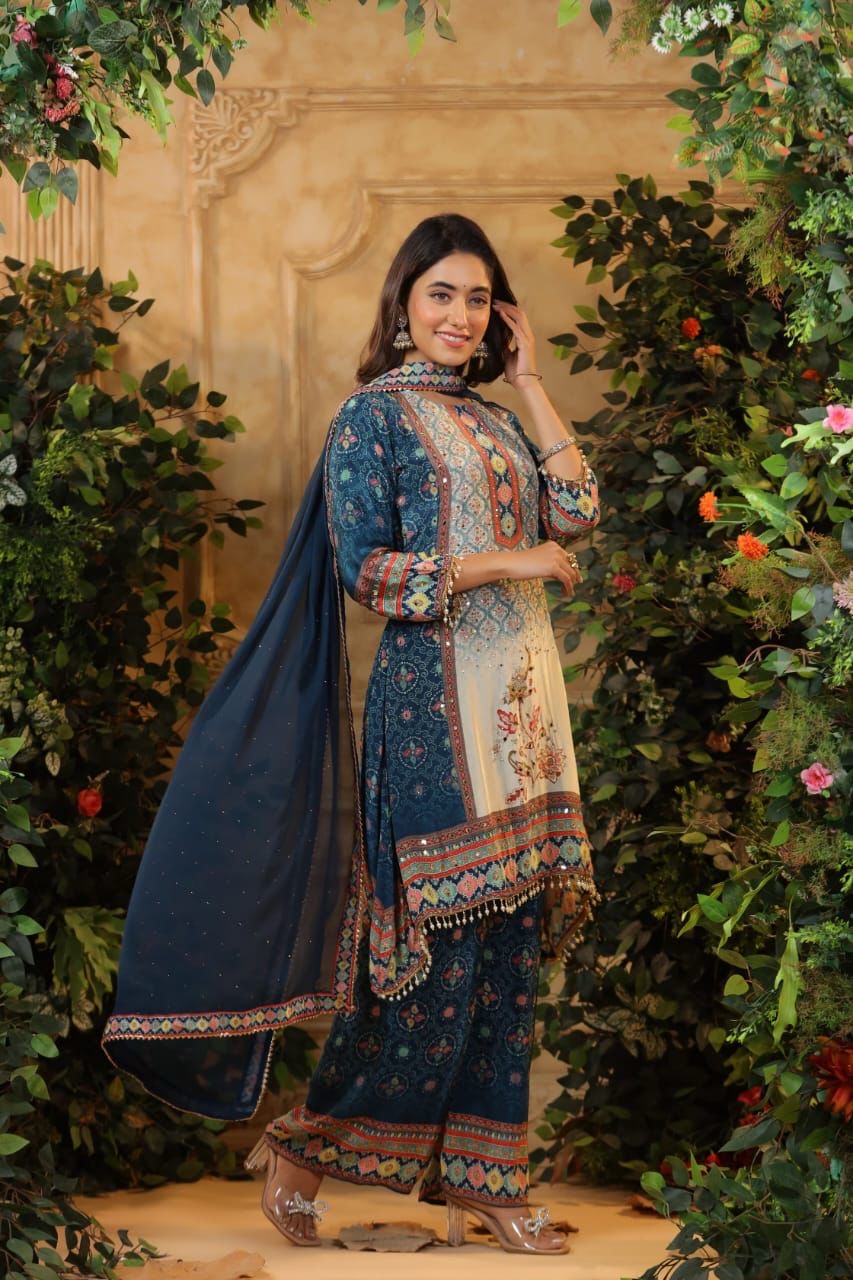 Digital crape suit in high low