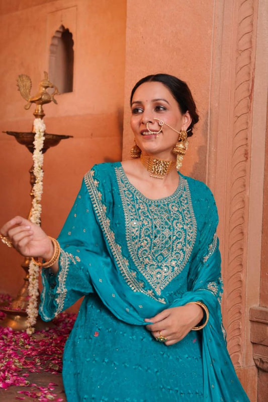 Blue chicken anarkali with gold thread work