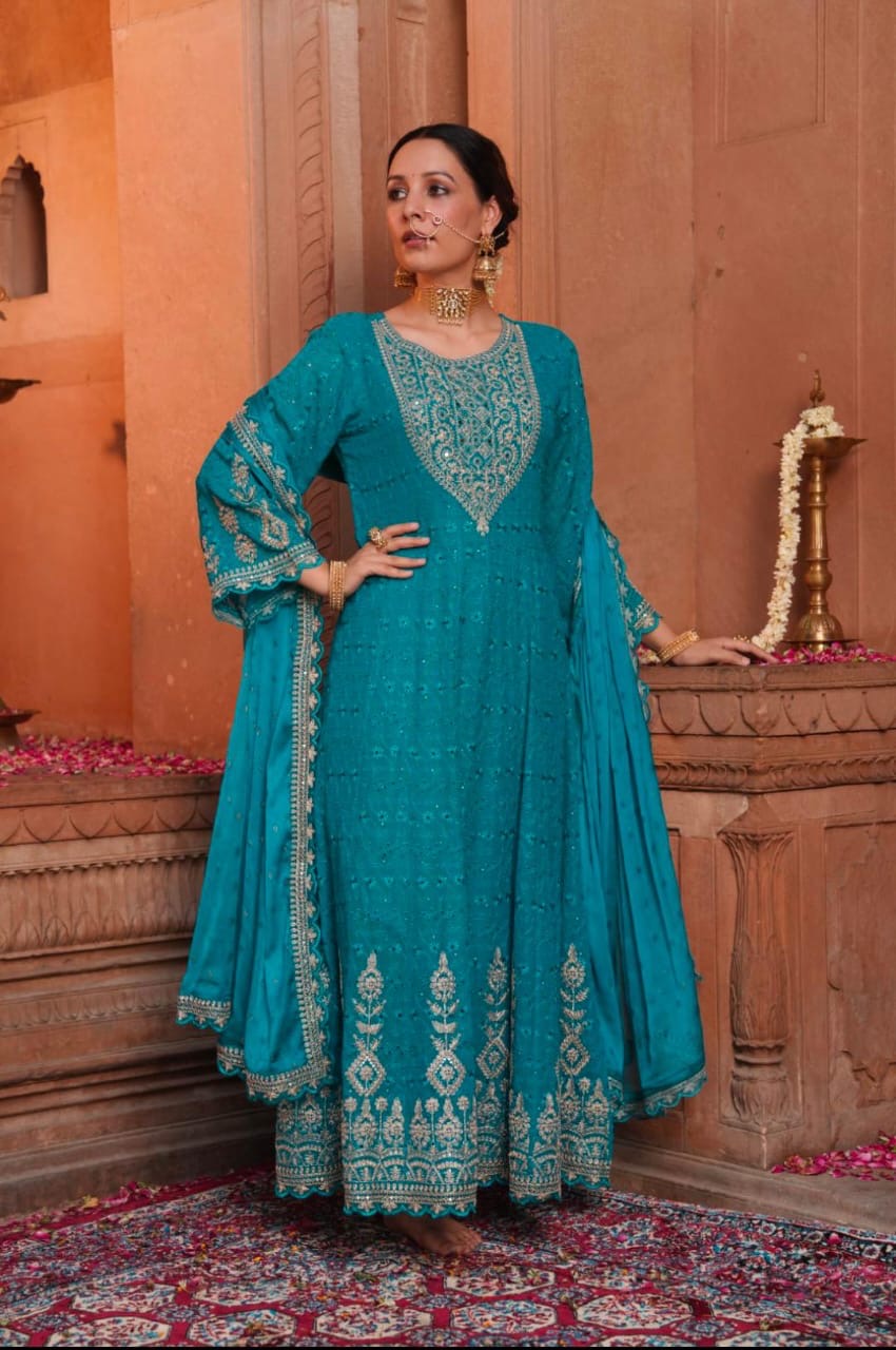 Blue chicken anarkali with gold thread work