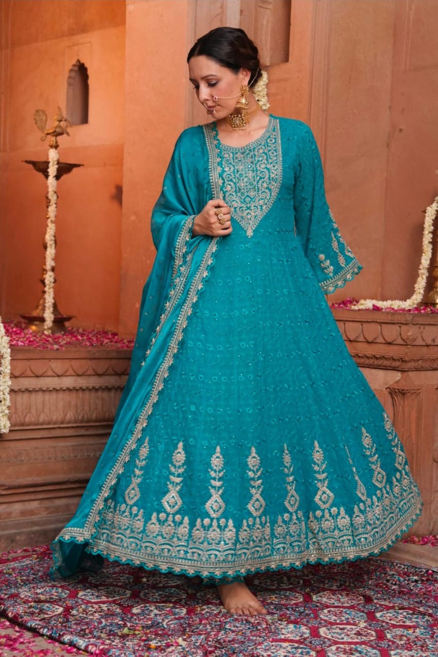 Blue chicken anarkali with gold thread work