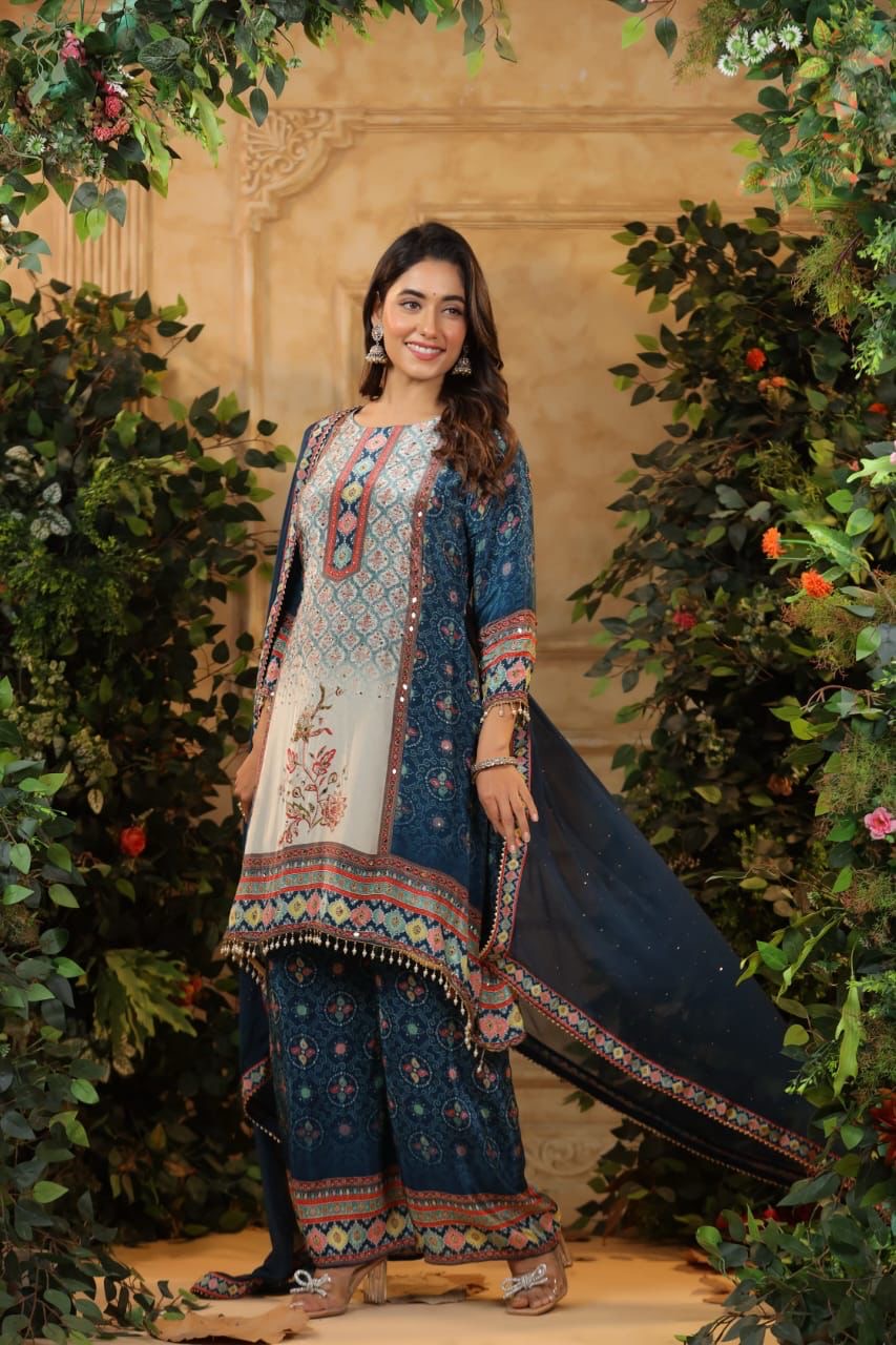 Digital crape suit in high low