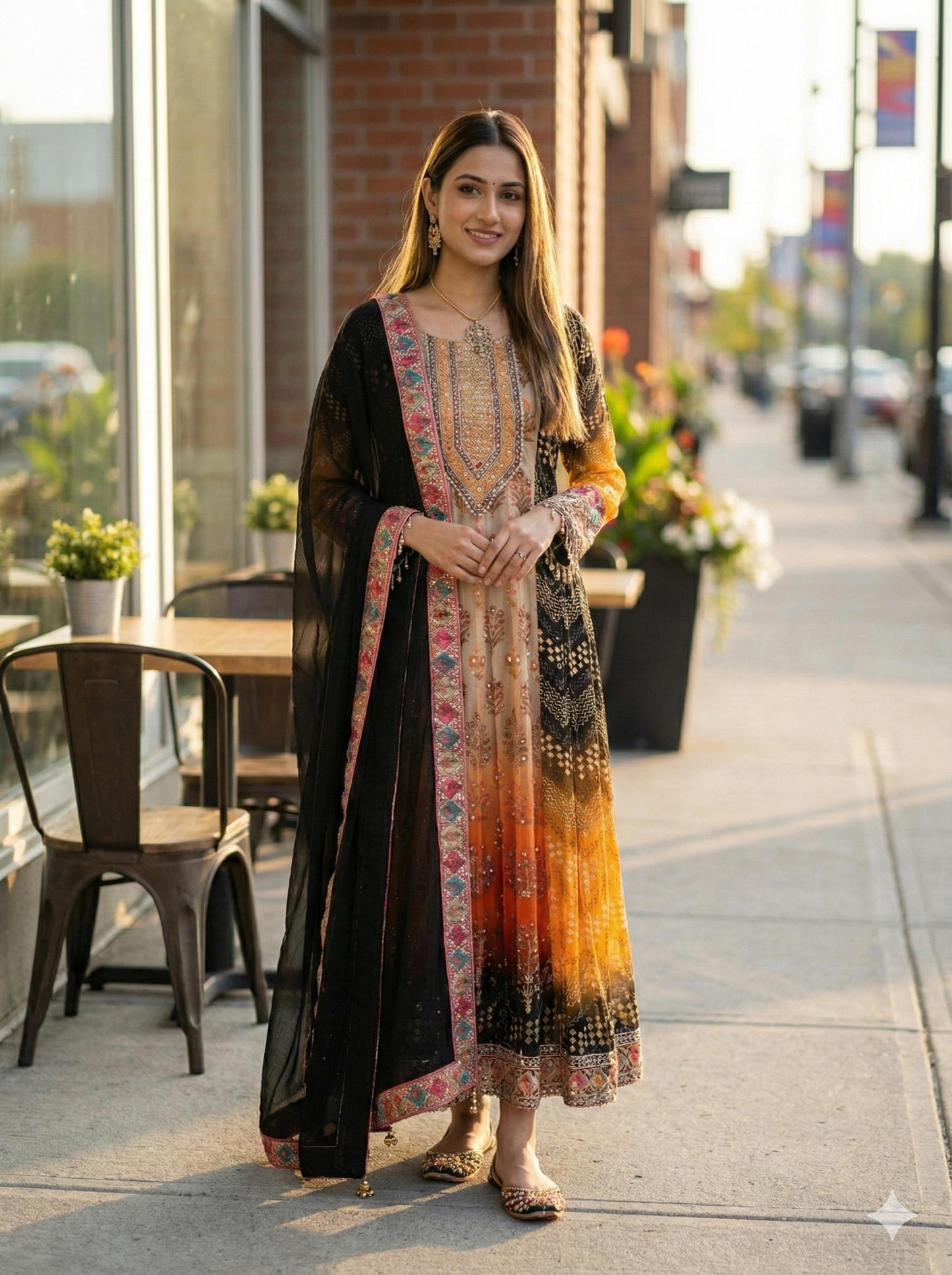 Black and cream digital ombre anarkali