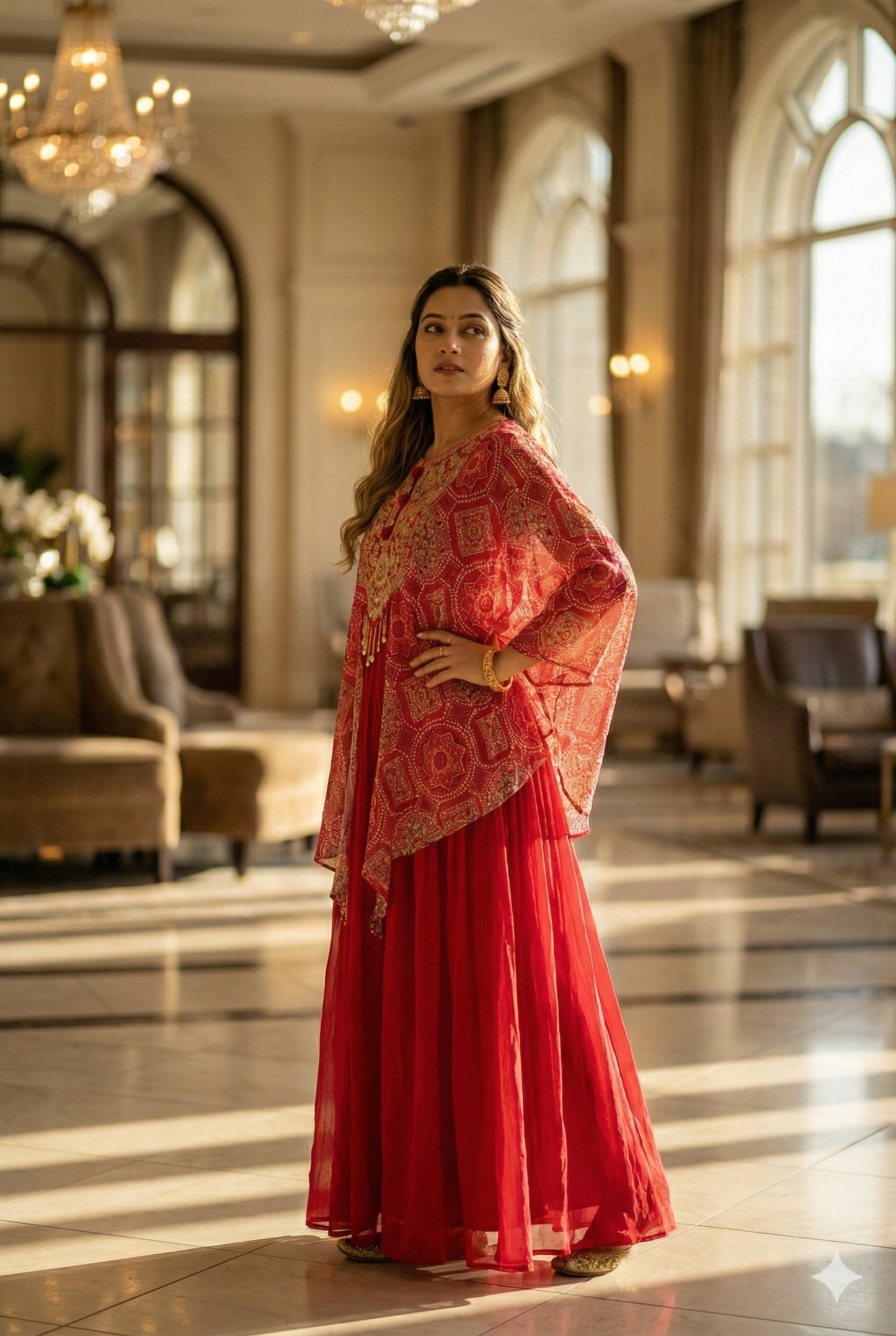 Deep pink long frock with printed sleeve cape