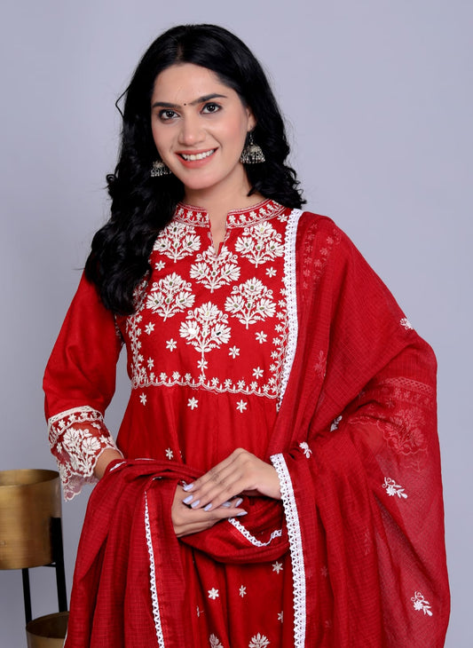 Brick Red and white cotton rayon suit