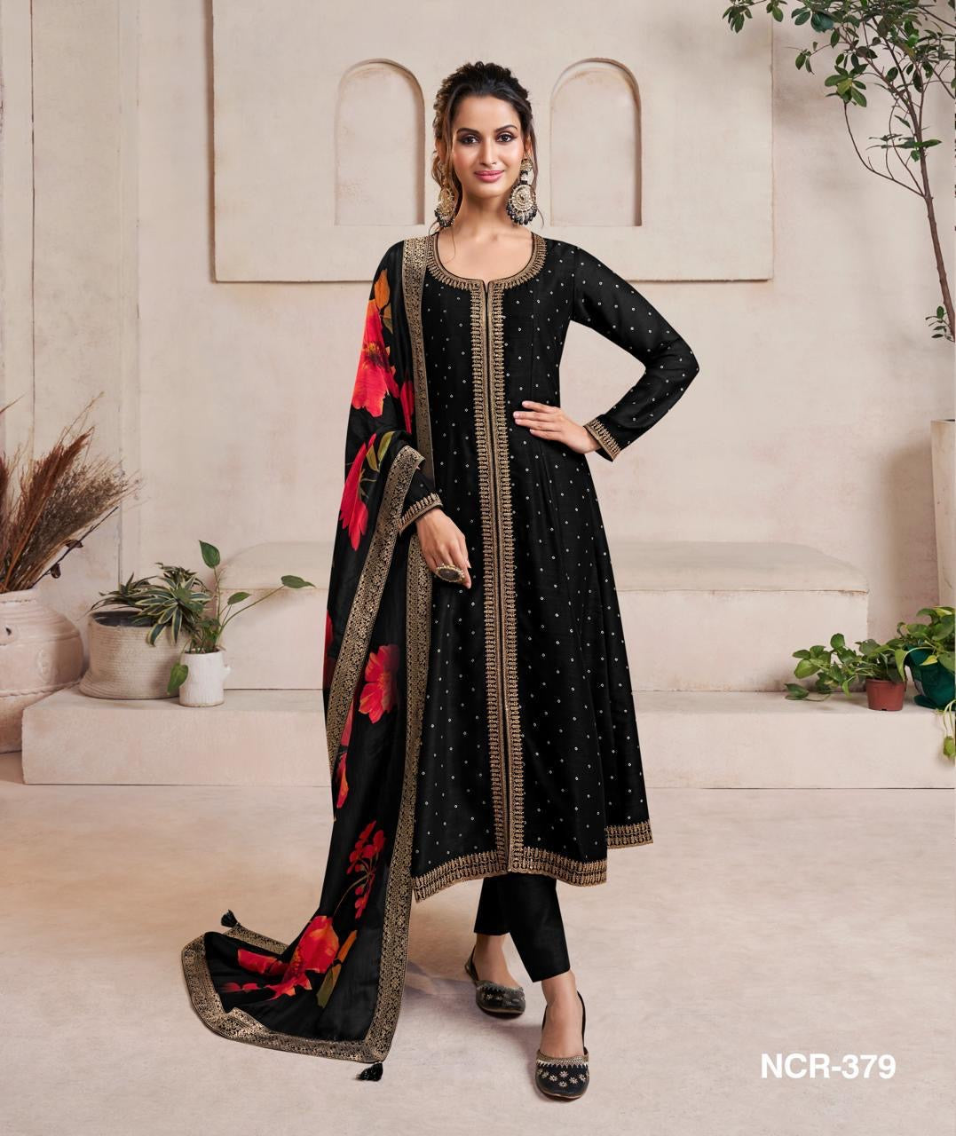 Black front cut anarkali with printed dupatta