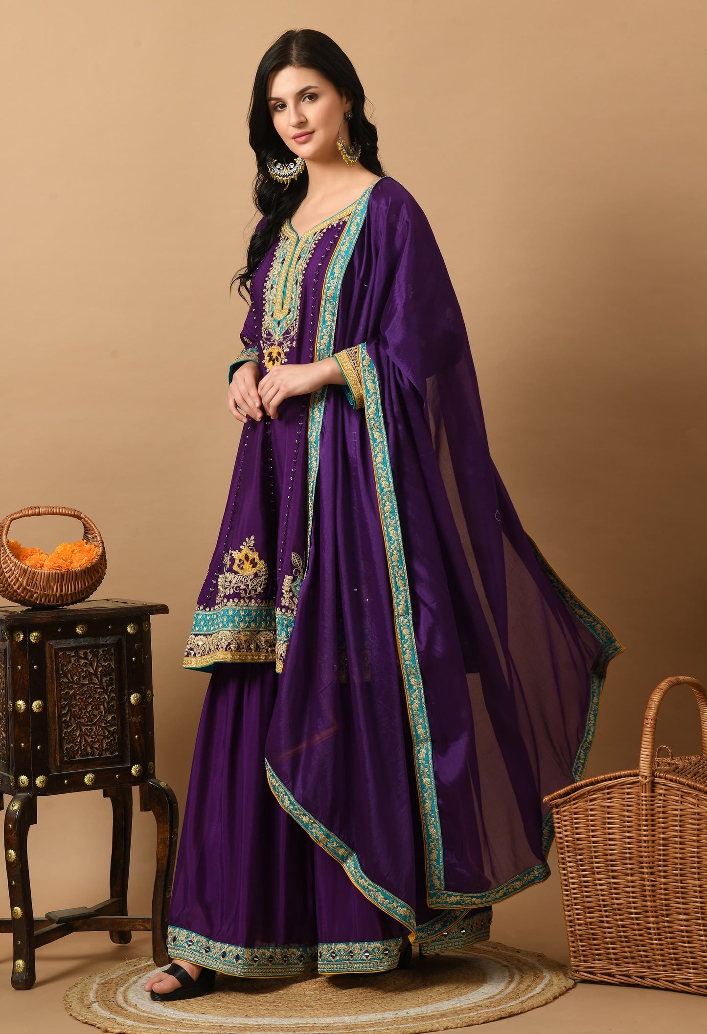 Purple mirror work sharara set