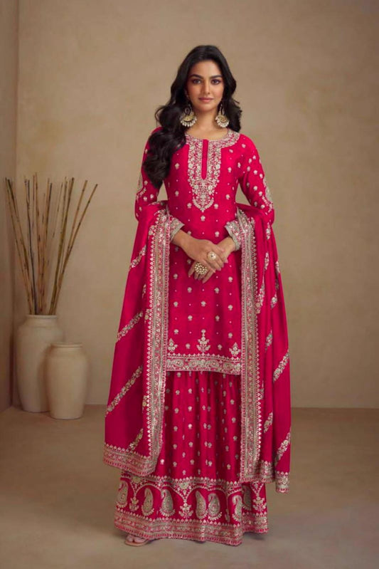 Pink sharara set with thread and gold work all over