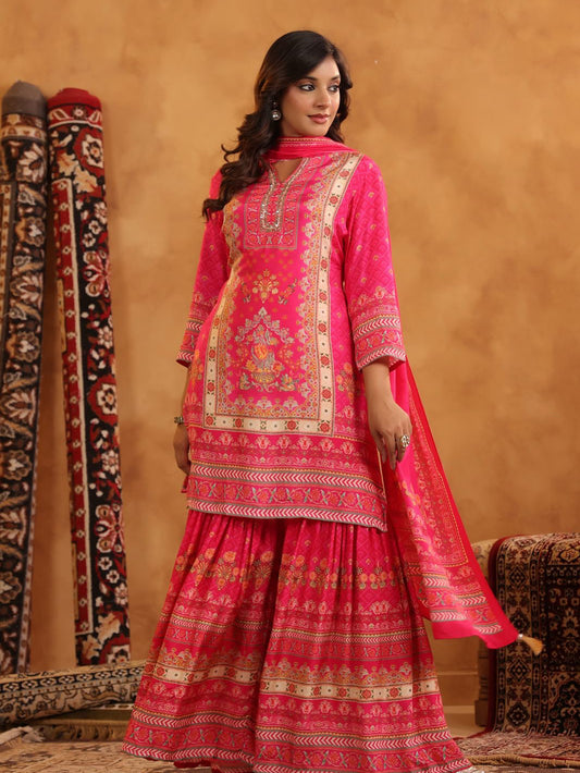 Pink printed muslin silk garara with work on the neck
