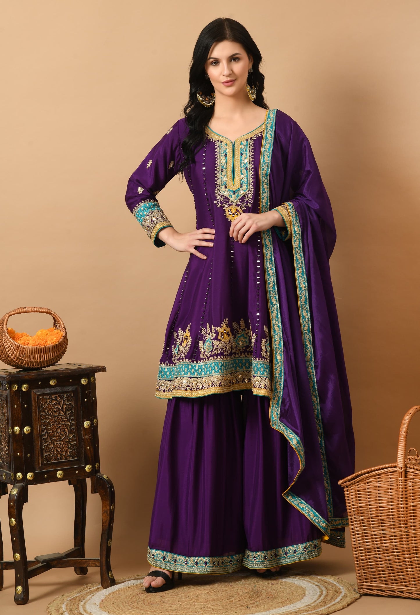 Purple mirror work sharara set