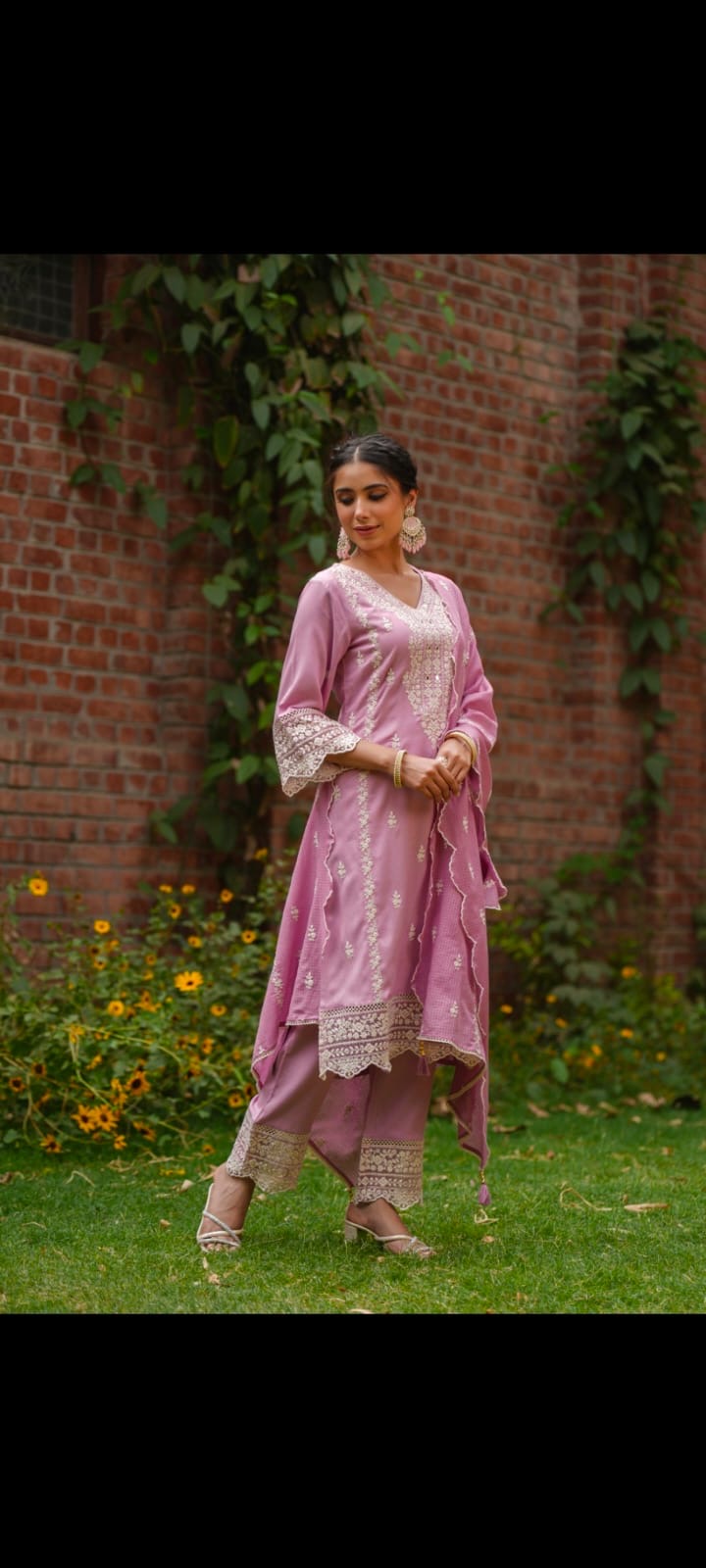 Peach pink white and gold thread work suit