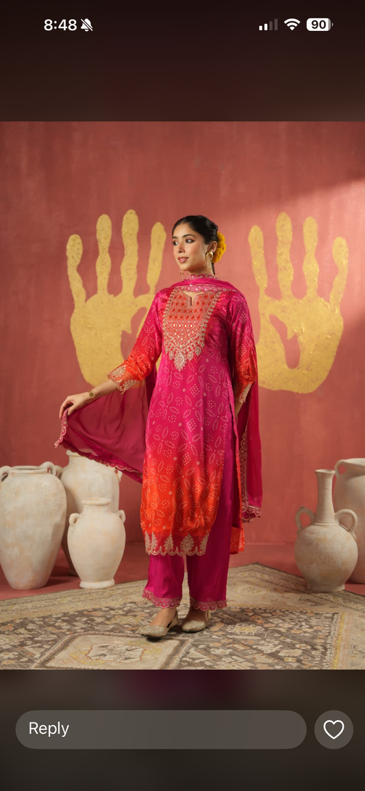 Jaipuri chinon pink and orange straight suit with Zari work