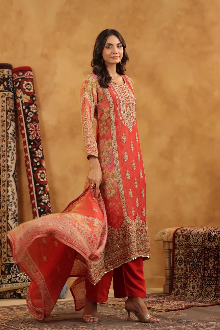 Shimmer tissue red and gold high low suit