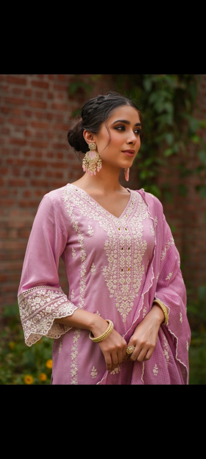 Peach pink white and gold thread work suit
