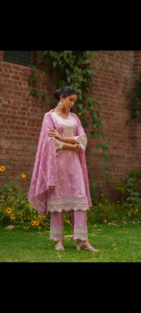 Peach pink white and gold thread work suit