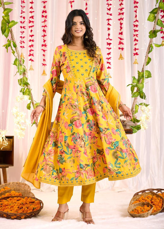 yellow muslin printed anarkali suit
