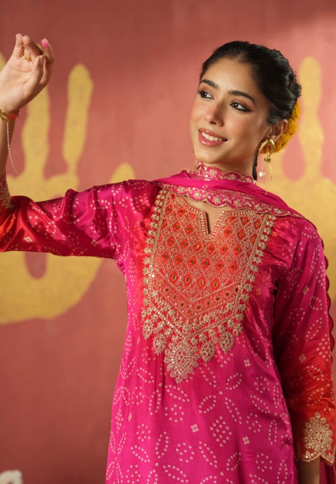 Jaipuri chinon pink and orange straight suit with Zari work