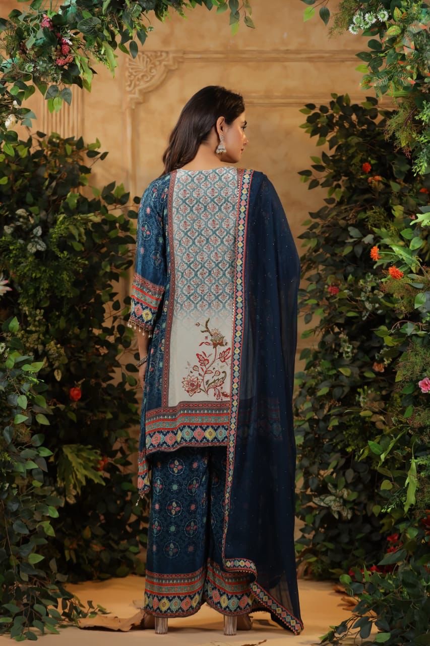 Digital crape suit in high low
