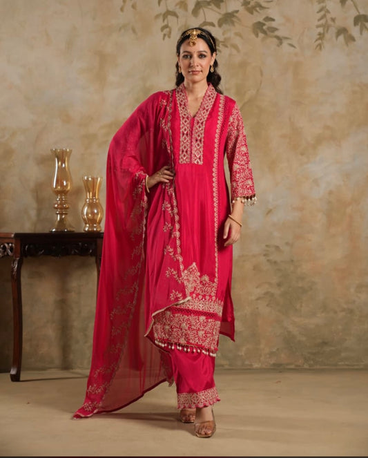 Red zari work crape suit