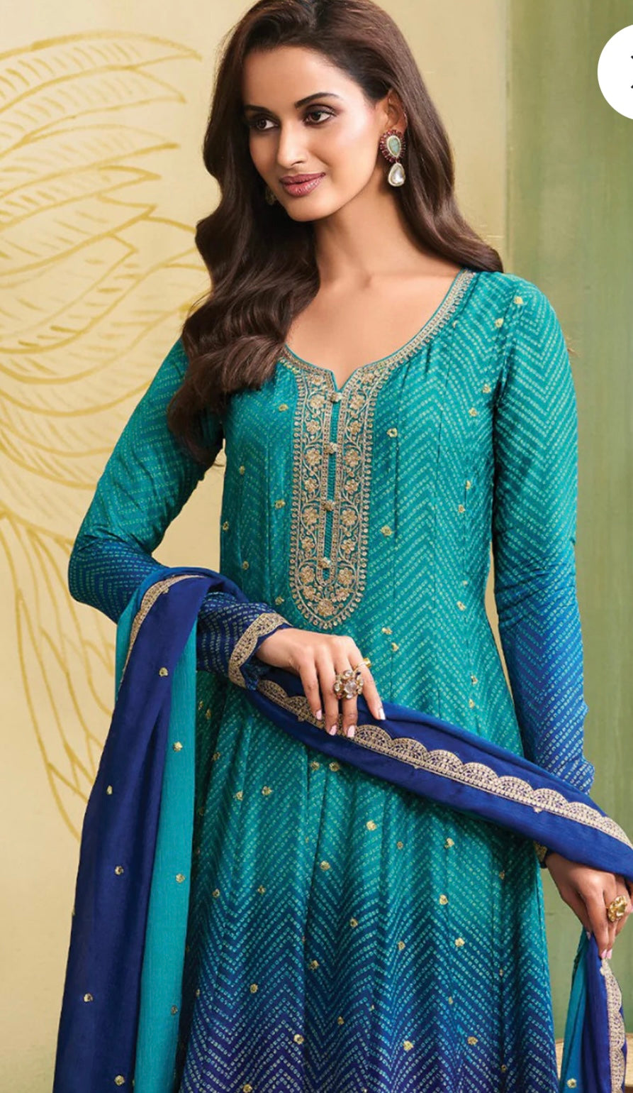 Jaipuri blue double shade anarkali suit