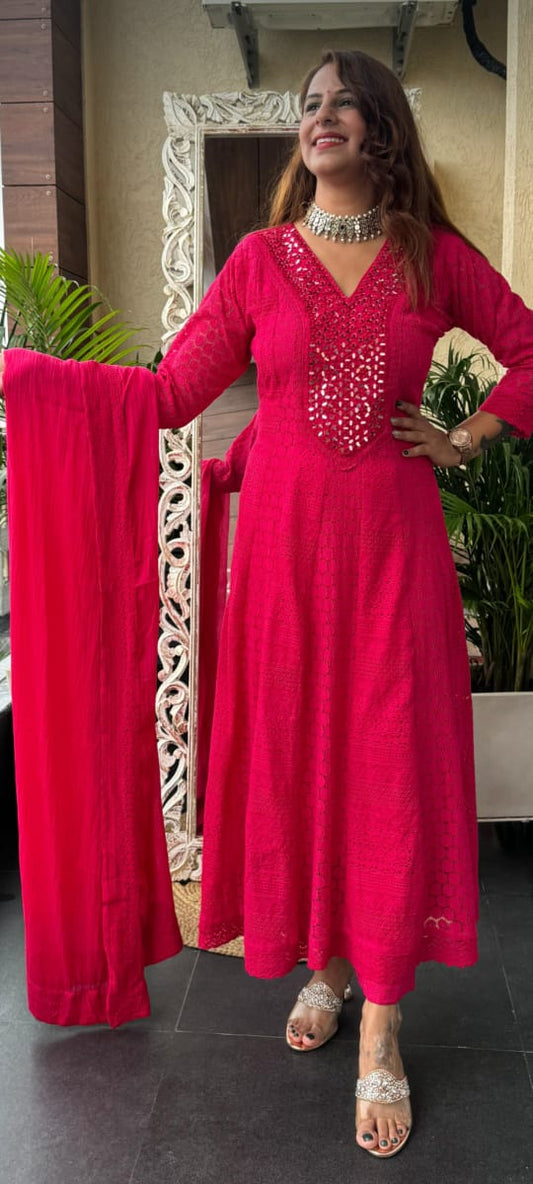 Red anarkali with mirror work