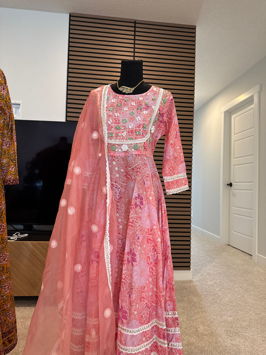 Pink khadi print anarkali suit in cotton