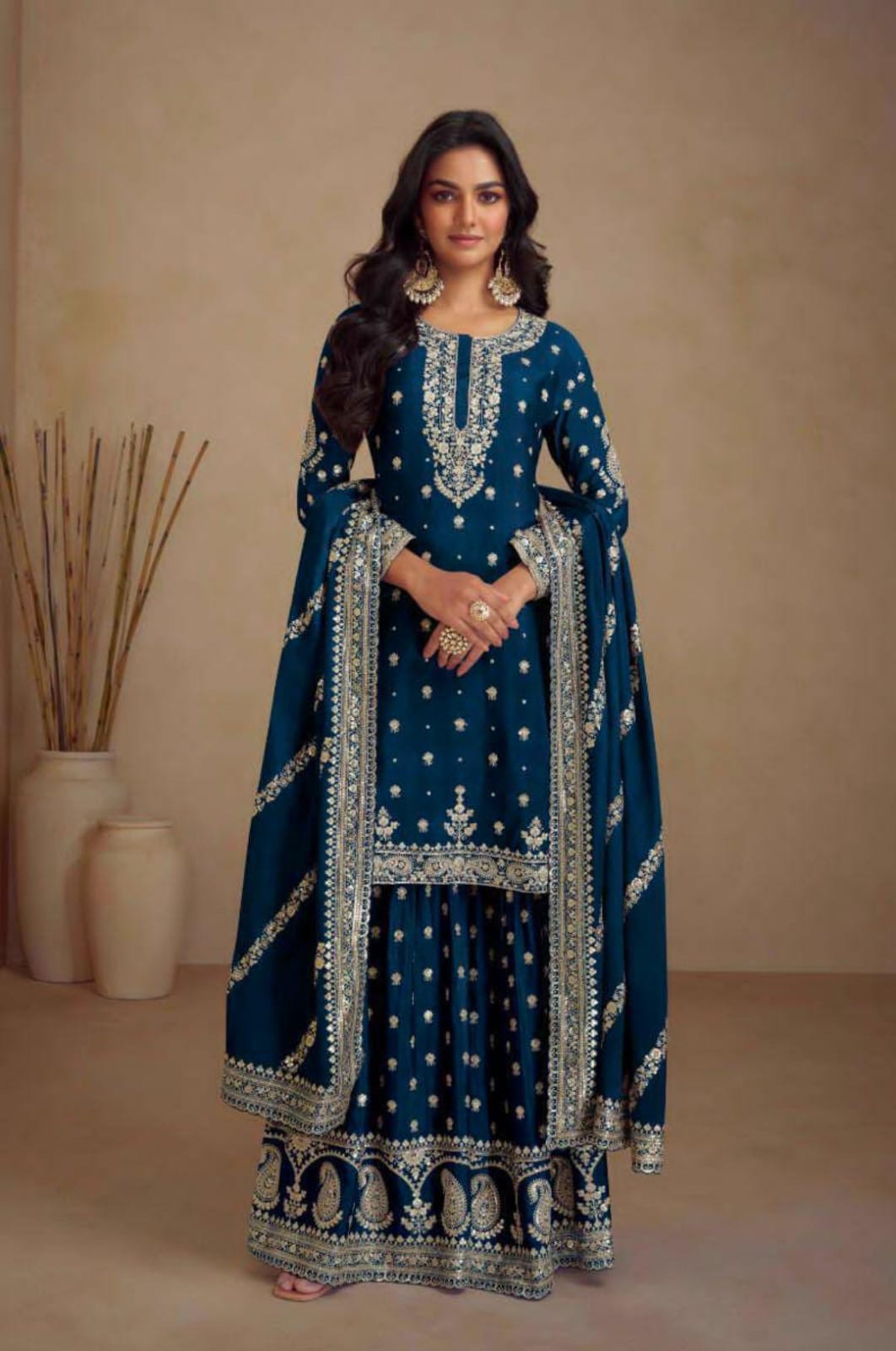 Blue chinon sharara set with thread and gold work all over