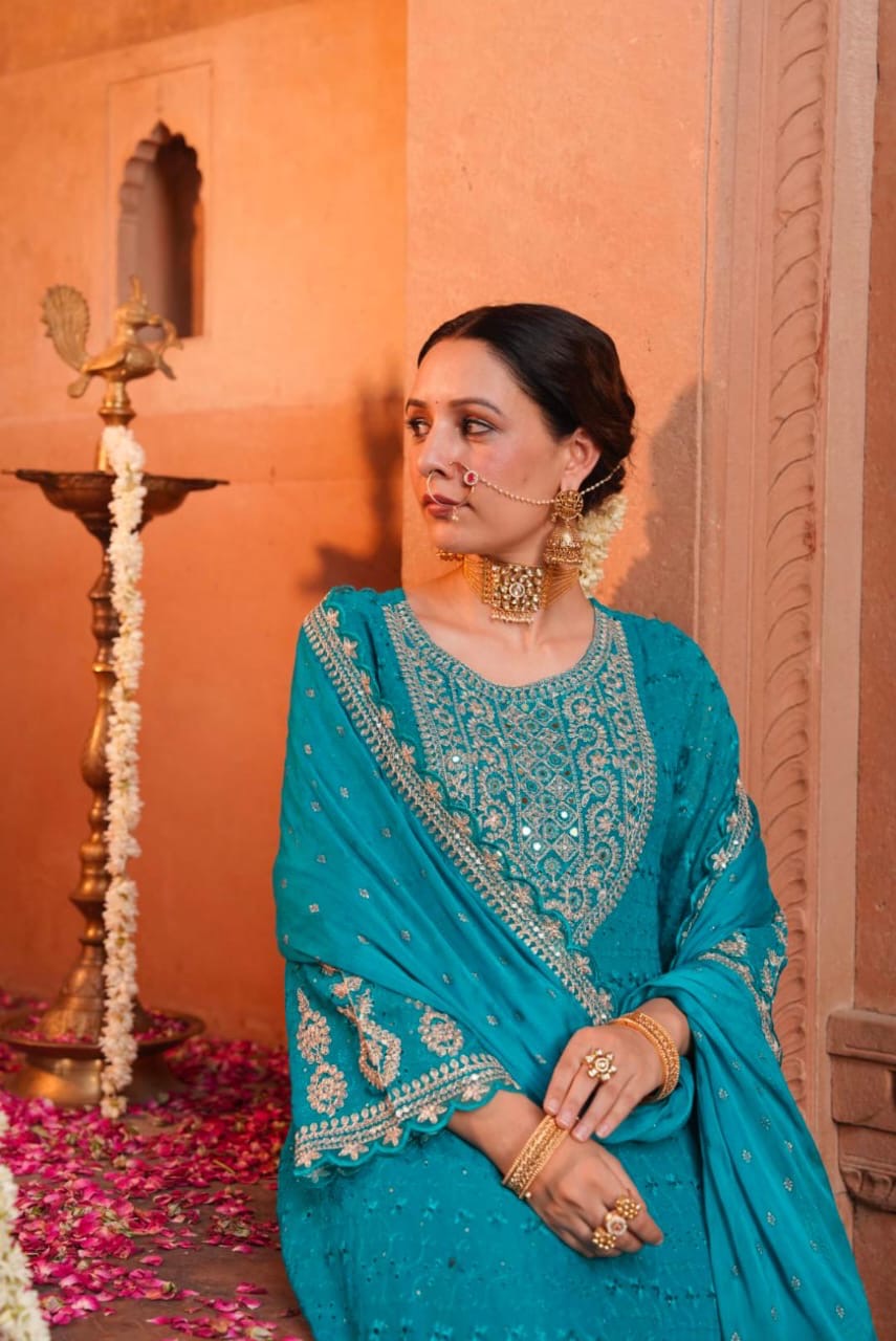 Blue chicken anarkali with gold thread work