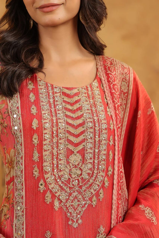 Shimmer tissue red and gold high low suit