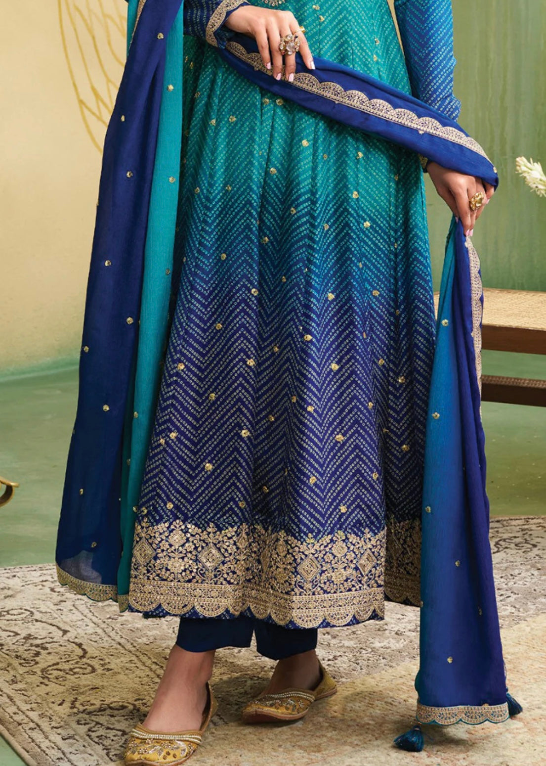 Jaipuri blue double shade anarkali suit