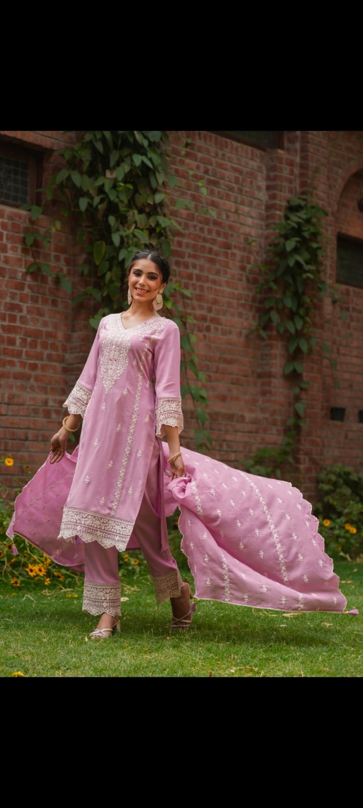 Peach pink white and gold thread work suit