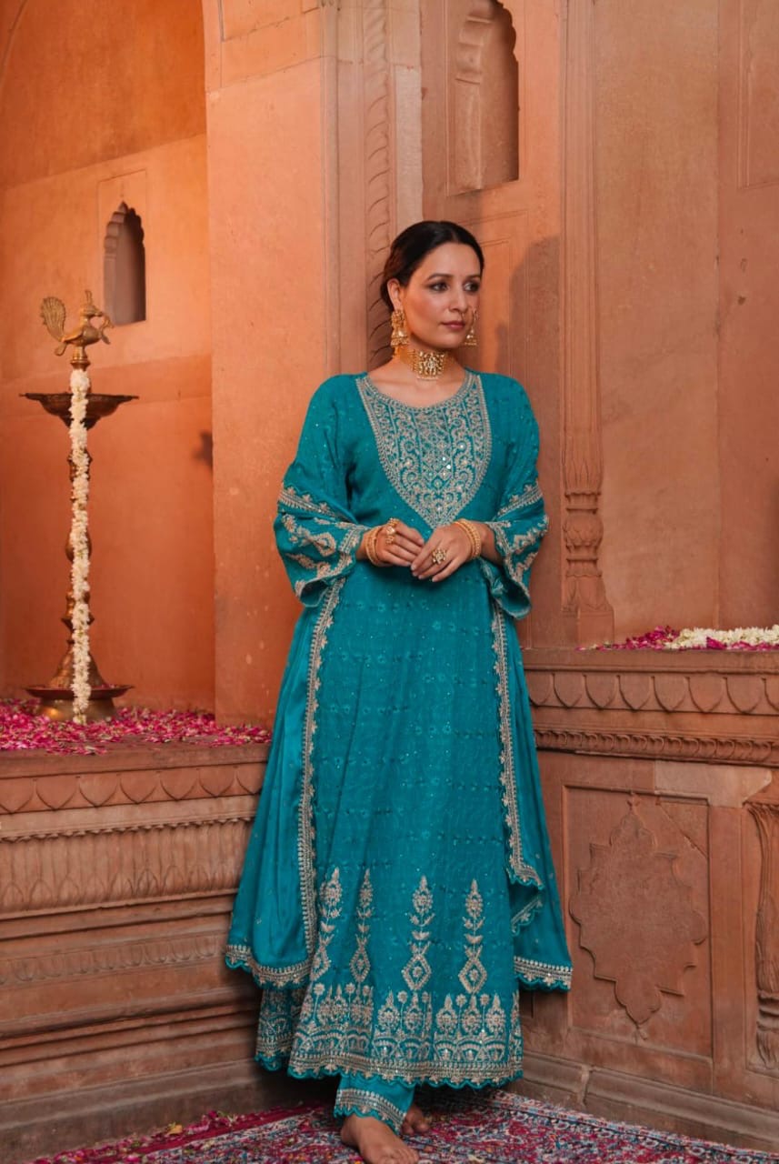 Blue chicken anarkali with gold thread work