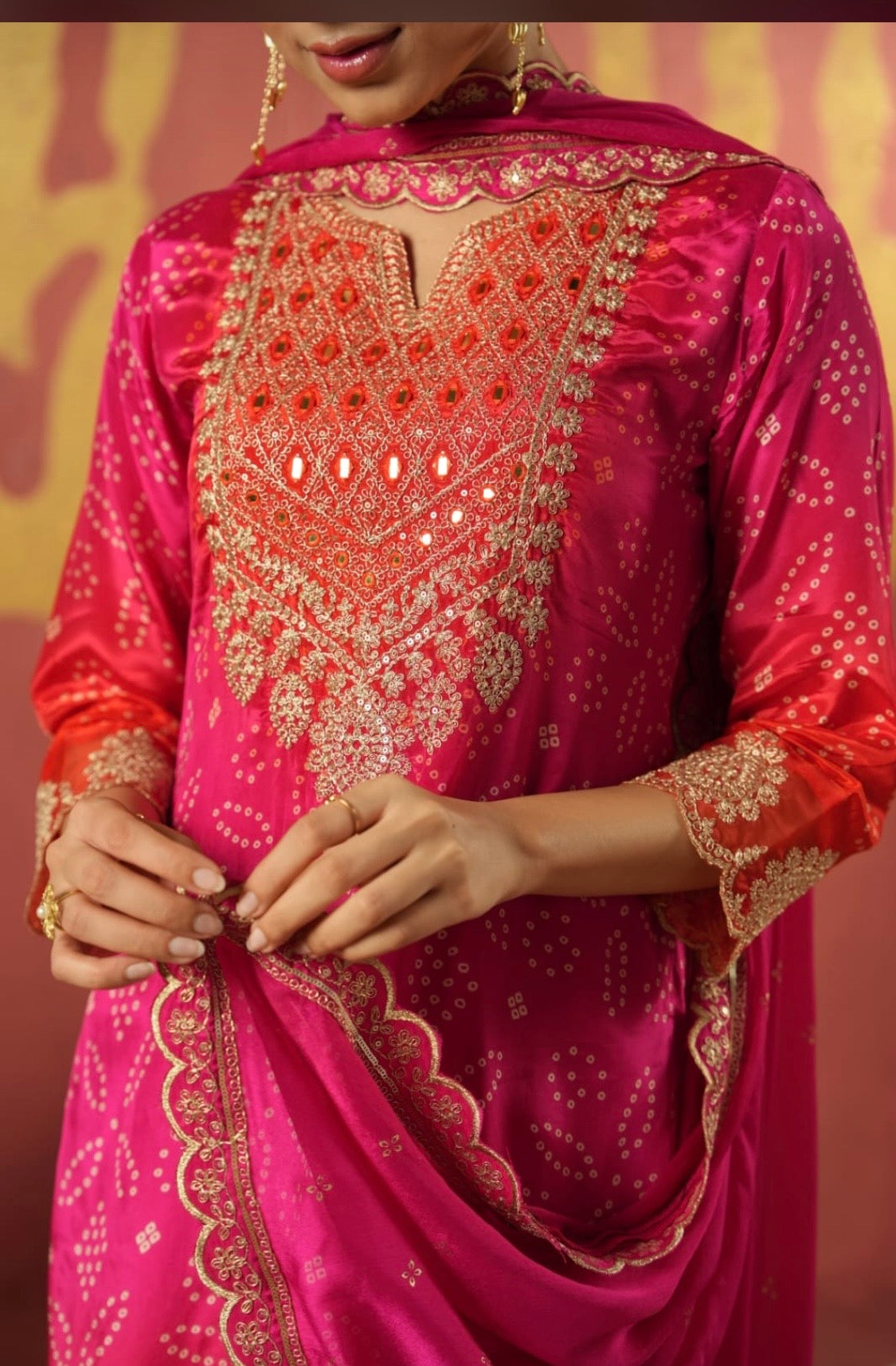 Jaipuri chinon pink and orange straight suit with Zari work
