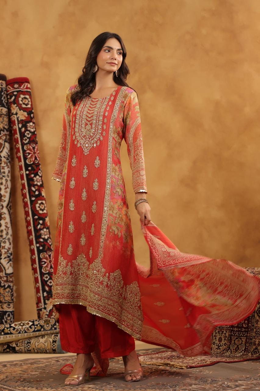 Shimmer tissue red and gold high low suit