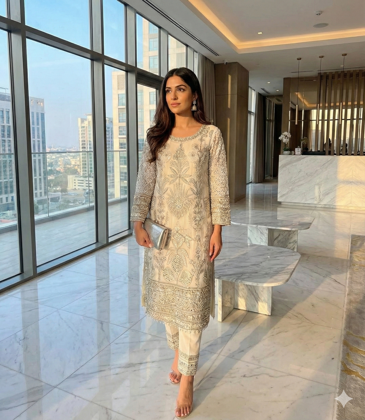 Elegant pearl and zari work pakistani style straight suit