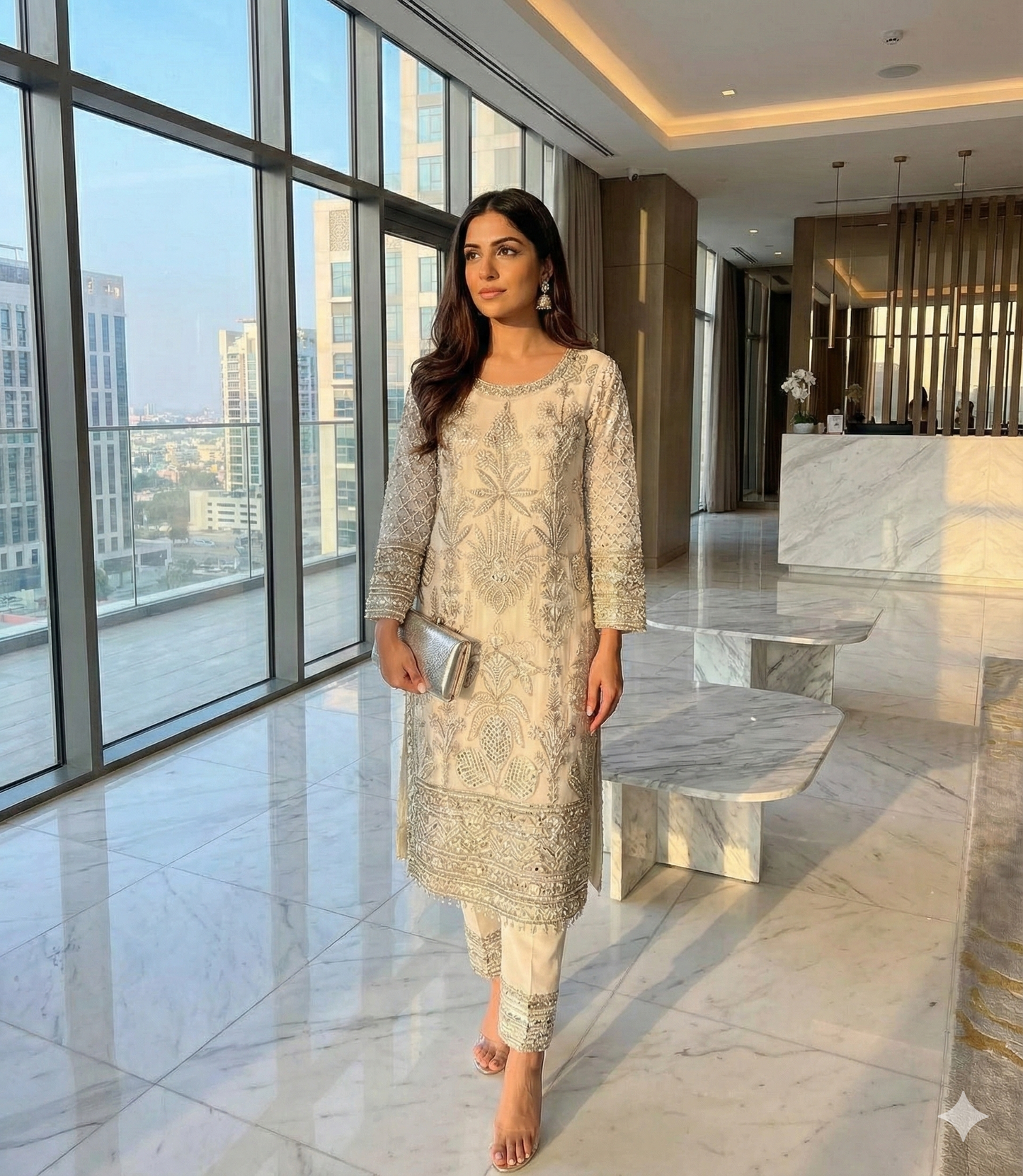 Elegant pearl and zari work pakistani style straight suit