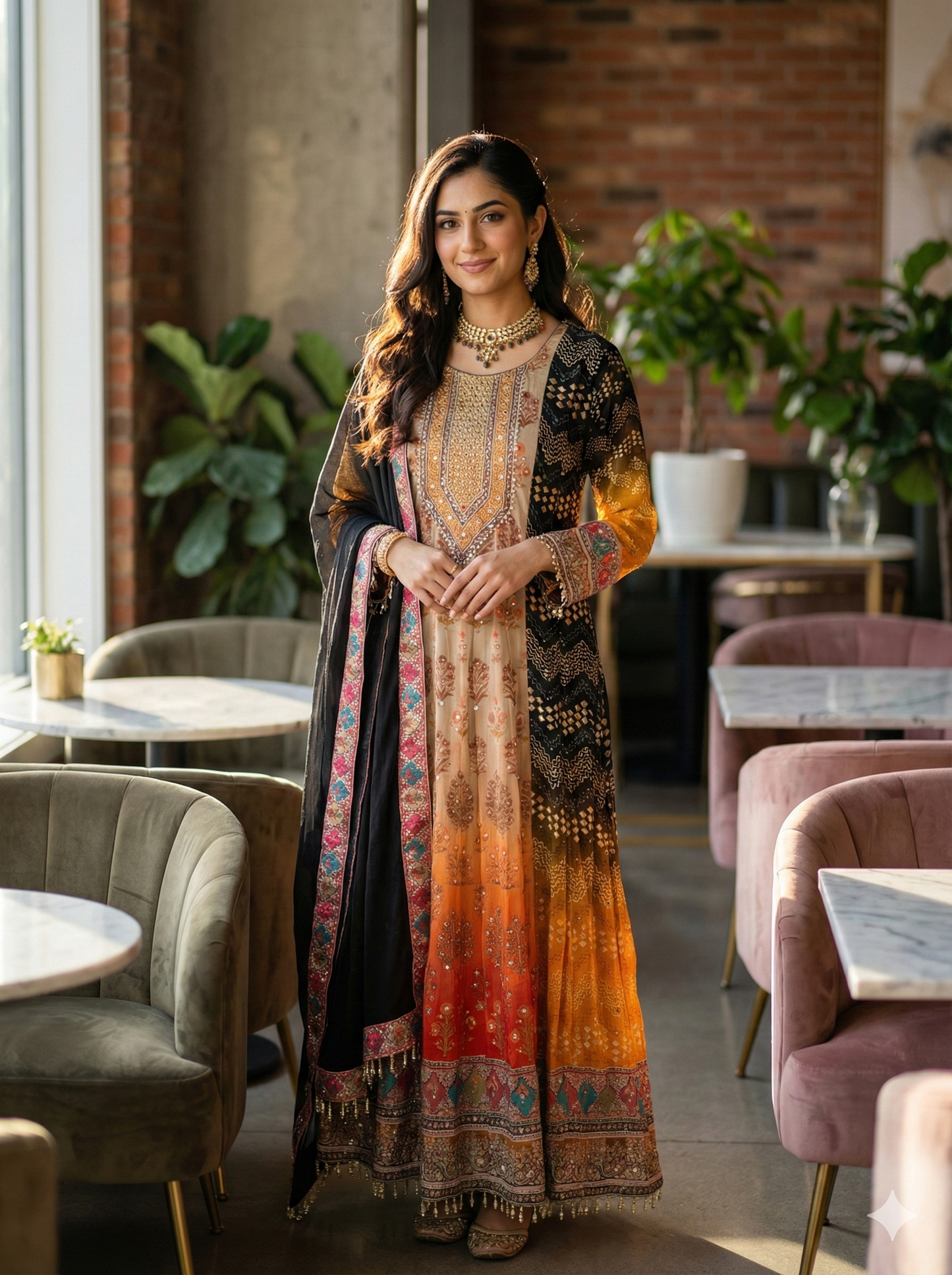 Black and cream digital ombre anarkali