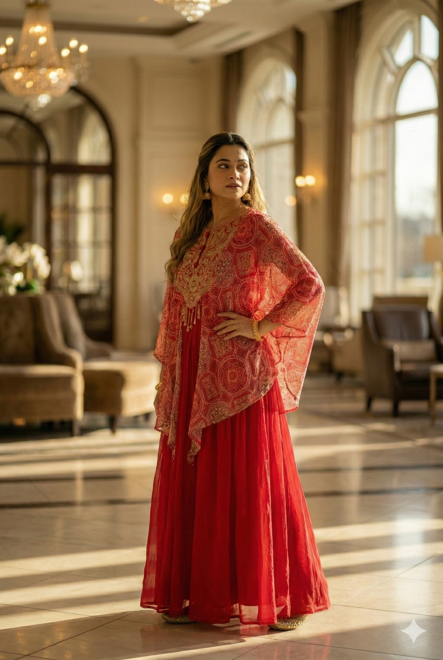 Deep pink long frock with printed sleeve cape