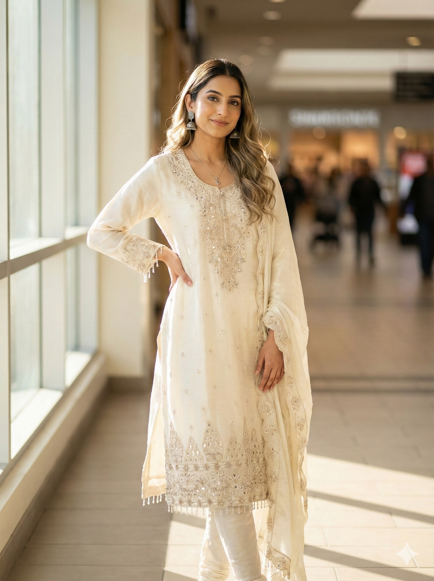 White  mirror and cut work straight  parallel suit