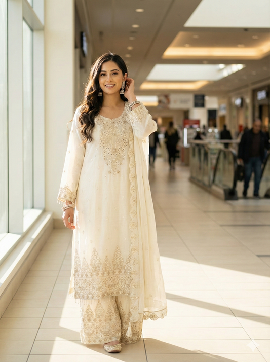 White  mirror and cut work straight  parallel suit