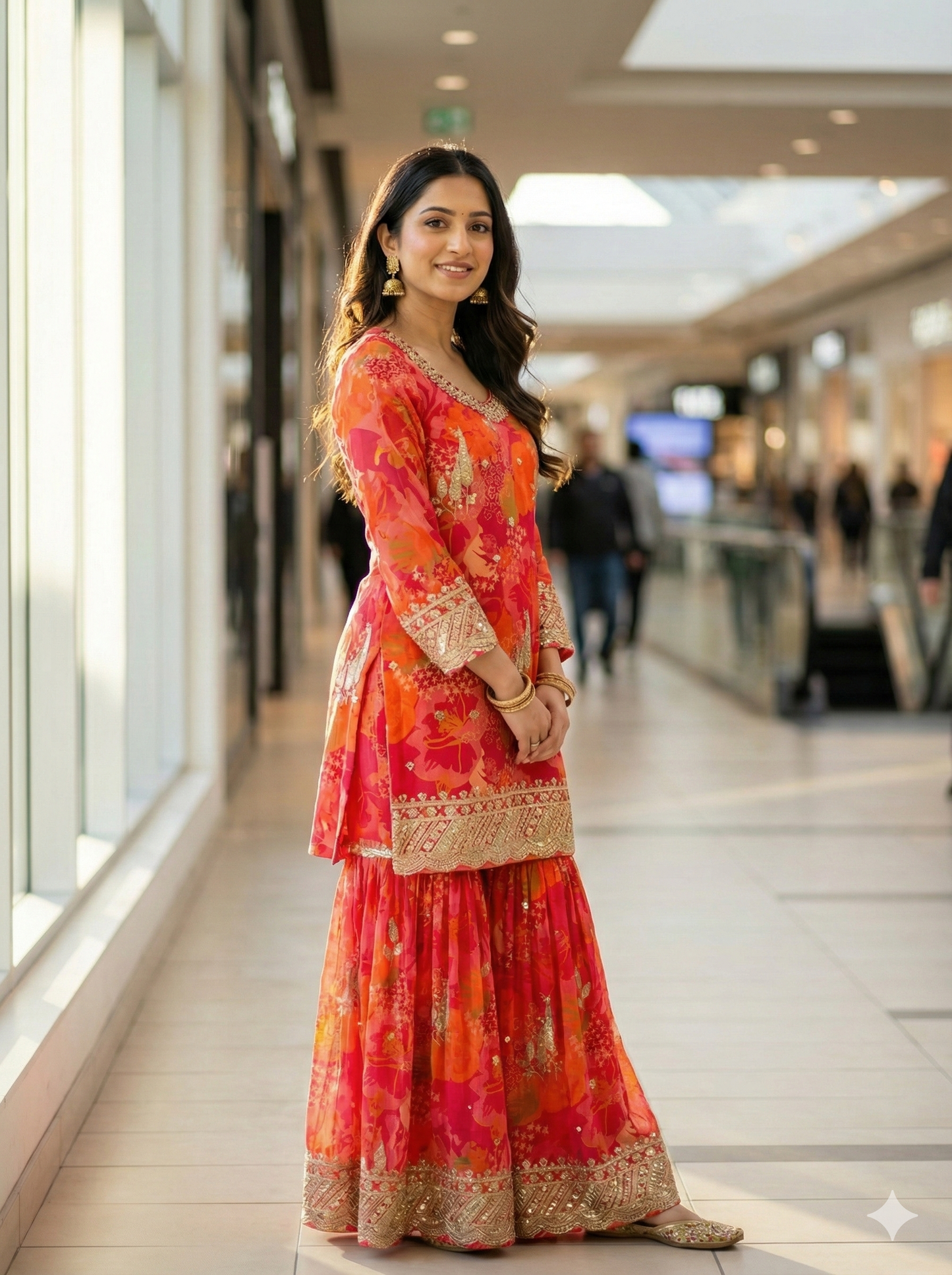 Orange and red printed sharara set