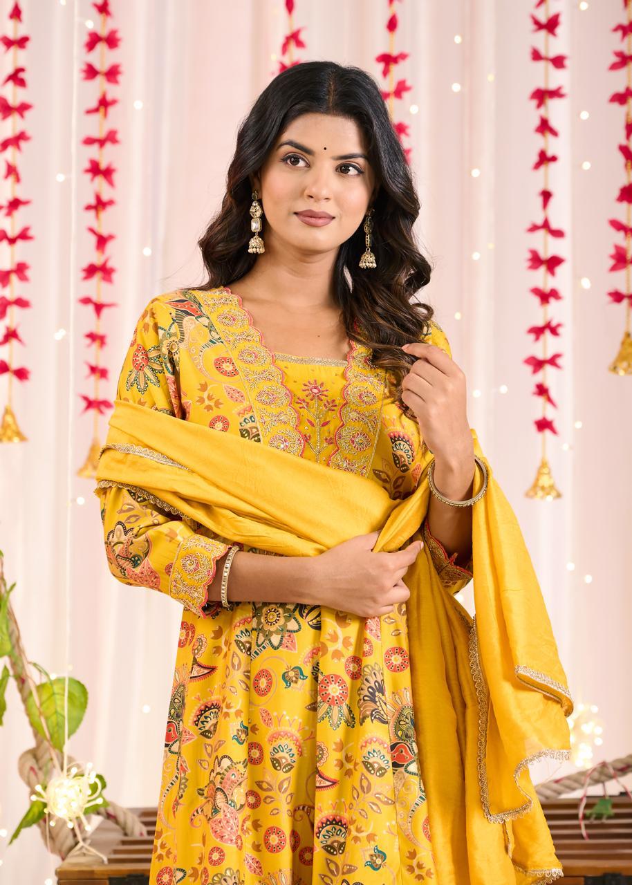 yellow muslin printed anarkali suit